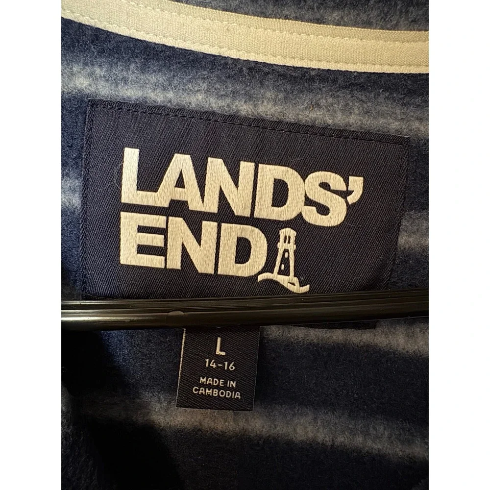 Lands End Womens Navy White Striped Fleece Snap Neck Pullover Sweatshirt Large - Picture 6 of 6
